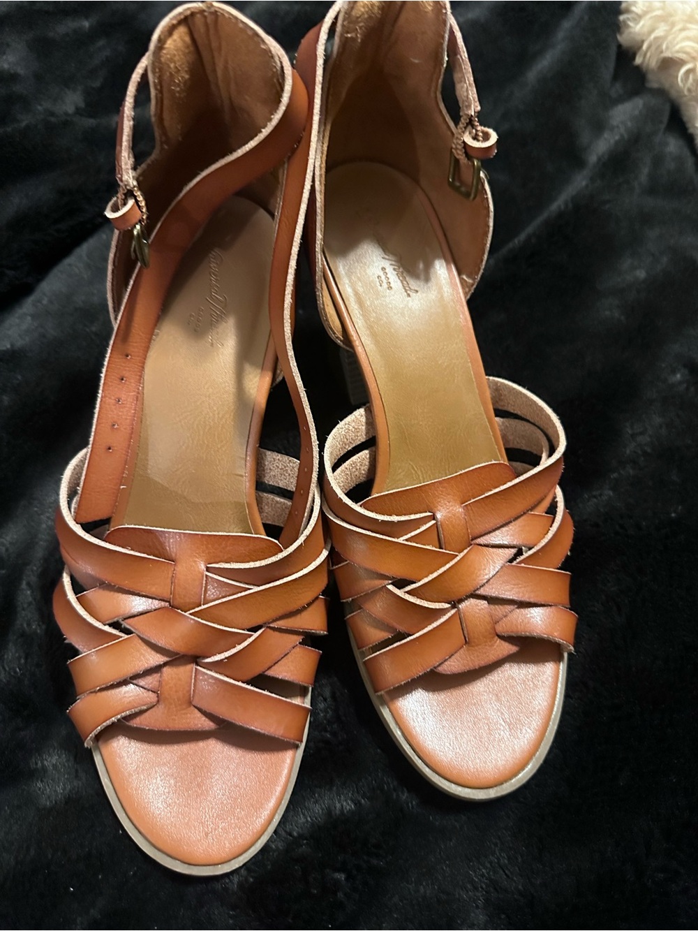 Women's Tan Leather Woven Ankle-Strap Sandals